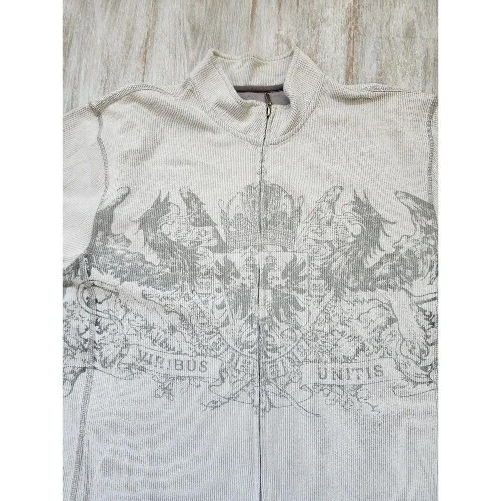 Y2K Gray Full Zip Jacket XL Ribbed Grunge Crest Graphic Viribus Unitis High Neck